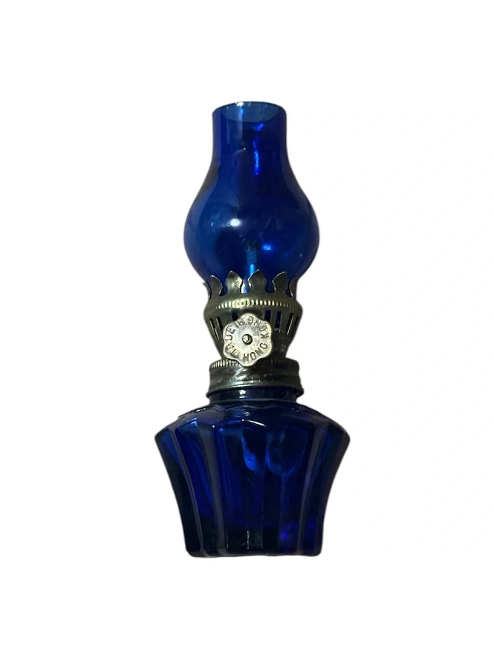 Vintage Cobalt Blue Glass Mini Oil Lamp Hurricane Made in Hong Kong 4.5” Tall